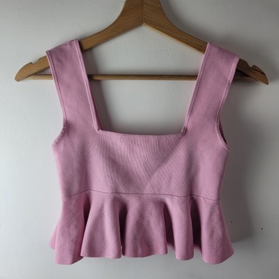 Zara Damen Gr. S Rosa Schößchen Crop Stretch Bralette Trägertop Einfach Freizeit Smart