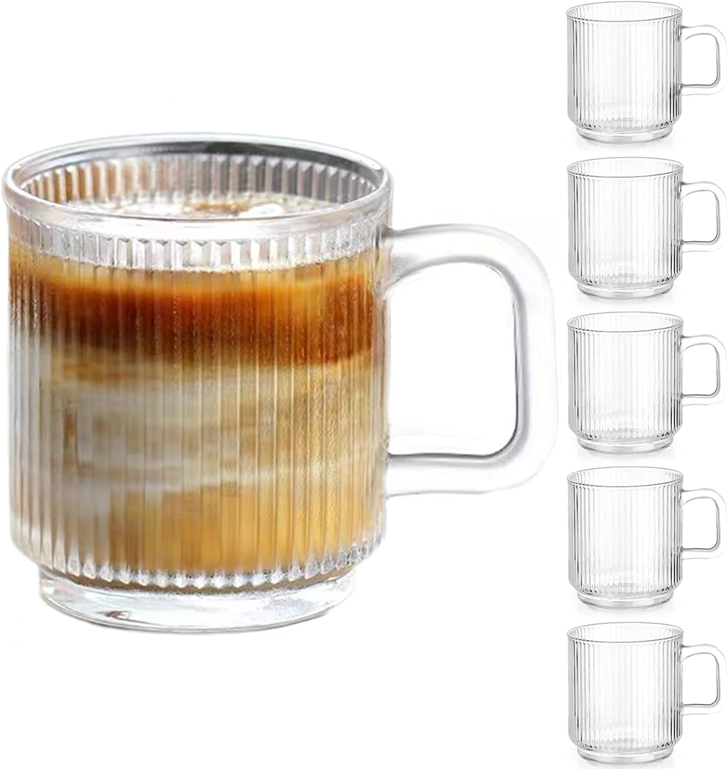 6 PACK Premium 12 OZ Glass Coffee Mugs with Handle, Classic Vertical Stripes Design