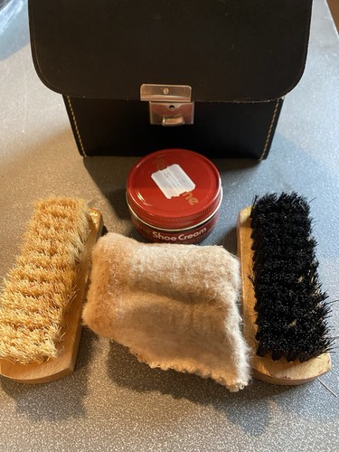 Vintage Shoe Shine Travel Kit Genuine Leather Brush and Cloth