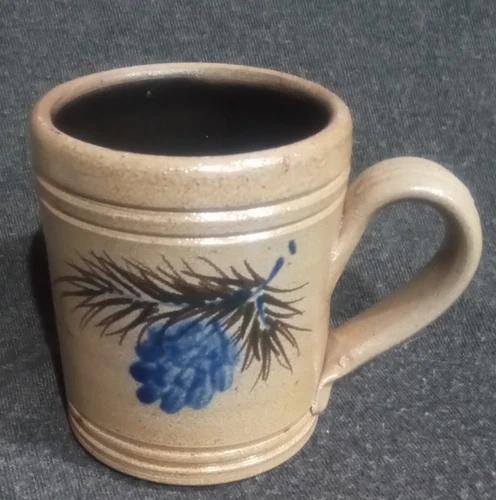 Rowe Pottery Works Salt Glaze Pine Cone Mug 4" Signed With Cross 