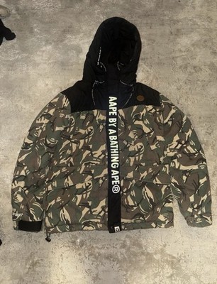 Aape by A Bathing Ape Camouflage Hooded Puffer Jacket XL Green Black Logo
