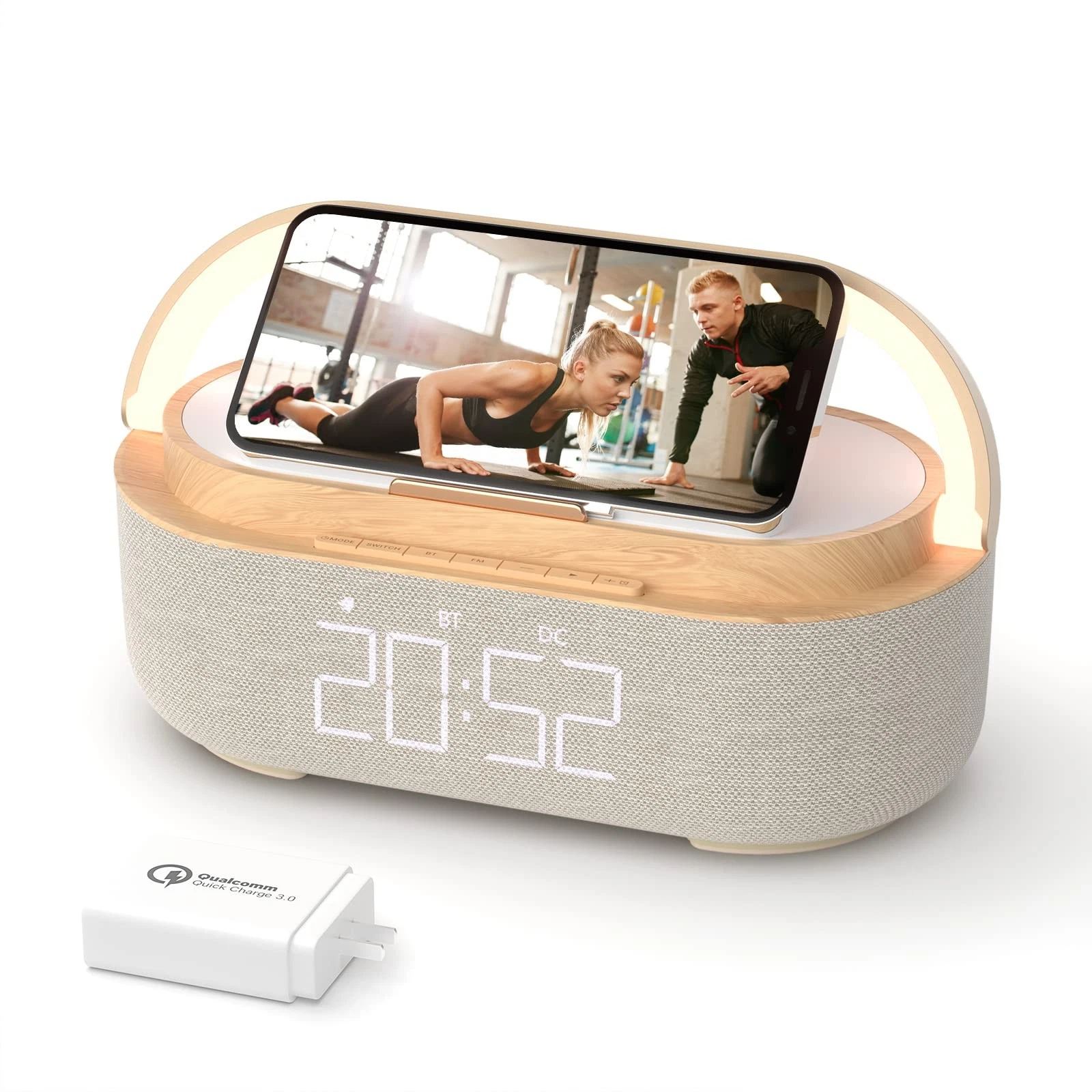 COLSUR Bluetooth Speaker Alarm Clock with Wireless Charger, FM Medium, Beige