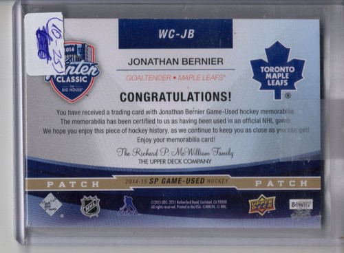 2014 15! Upper Deck! SP Game Used! Jonathan Bernier! Toronto Maple Leafs! Sweet! - Picture 2 of 2