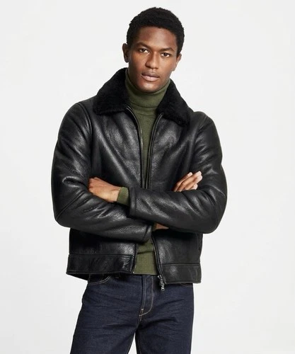 2995 New Todd Snyder Black Italian Shearling Leather Aviator Bomber Jacket Large - product listing photo