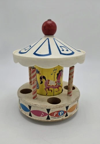 Vintage 1963 Fisher Price Little People Wooden Carousel Merry Go Round