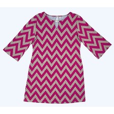 Tacera Dress Pink Beige Chevron Print Shift Knit 3/4 Sleeve Womens Medium