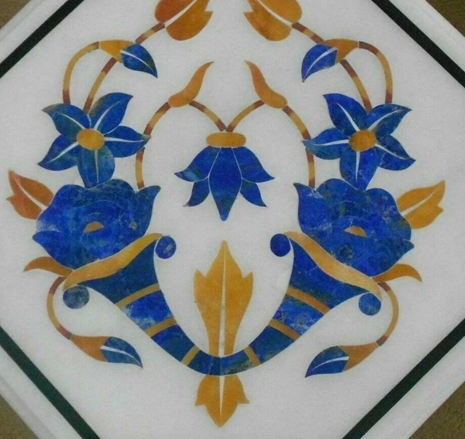 12" White Marble Center Corner Table Top Multi Stone Inlay lapis Work Hotel Deco - Image 4 of 4