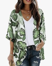 Green/White Chiffon Tropical Leaf Print Kimono Jacket Kimono Sleeve S/M