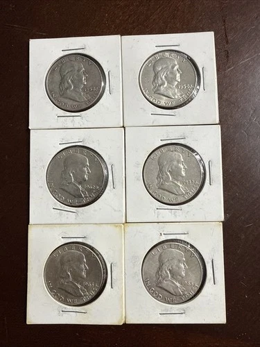 Franklin Half Dollars 90% Silver Lot Of 6 Two 1958 Two 1962 Two 1963