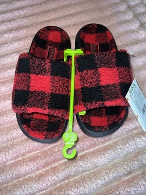 Rare Crocs Buff Check Slide Slippers Red Black Plaid M4 W6 NWT  Cozy Winter