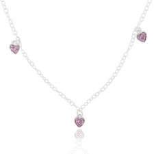 925 Silver Pink Crystals Hearts Charm Girls Necklace
