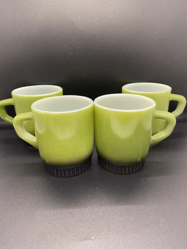 Vintage Fire King Anchor Hocking  Set Of 4 Green and Black Stacking Coffee Mugs