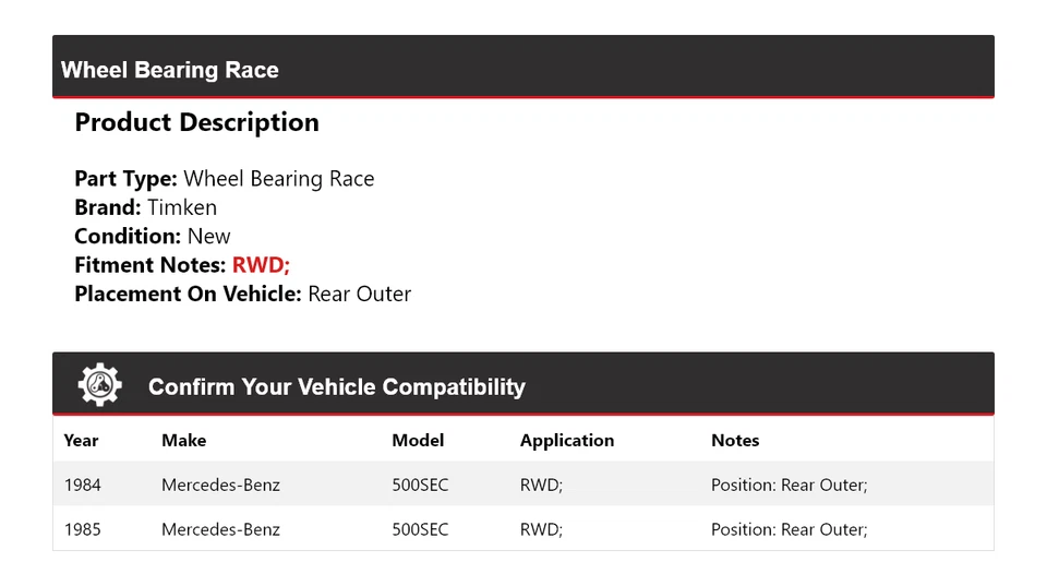 Cojinete de rueda trasero exterior Timken para Mercedes-Benz 500SEC 1984-1985 tracción trasera Foto 2 de 4