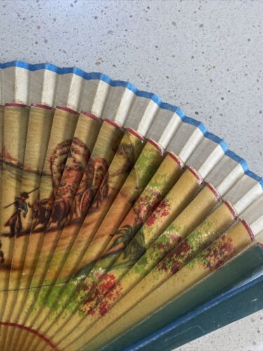Antique Victorian Era Hand Fan Cloth Sandalwood Spanish Western Theme Free Ship - Picture 6 of 11