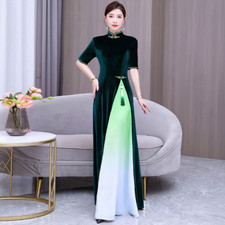 Lady Velvet Dress Maxi Mandarin Collar A-line Splicing Swing Dancewear Retro New