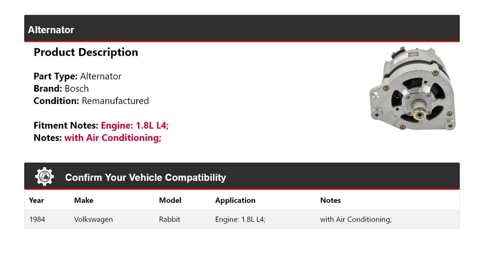 Alternador Bosch Volkswagen Rabbit 1984 1,8 L L4 (remanufacturado) Foto 2 de 4