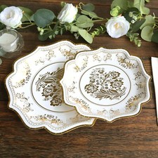 25 WHITE 8" Paper Dessert PLATES GOLD Floral Print Scalloped Rim Party Events