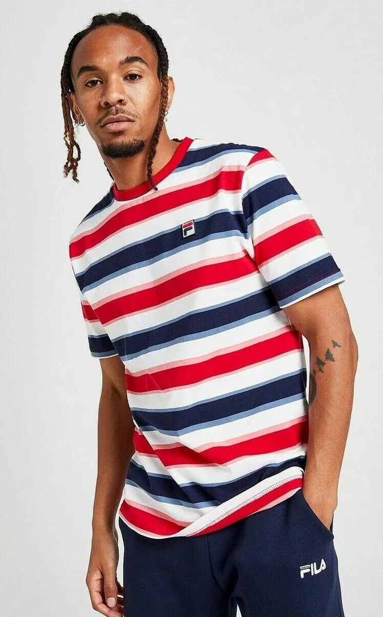 Beschietingen Tweede leerjaar reptielen Fila Men Cotton Crew neck Short Sleeve Red Green Navy Striped Retro Logo T  shirt | eBay