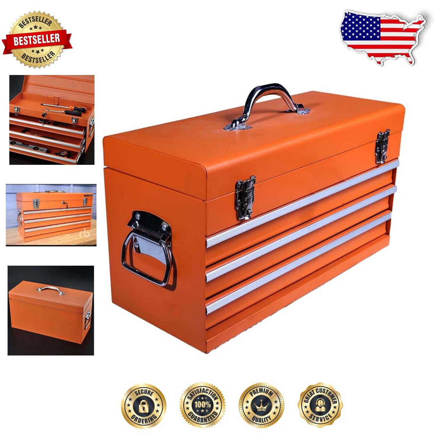 20” Lockable Metal Tool Box with 3 Fully Extendable Drawers for Secure Storage