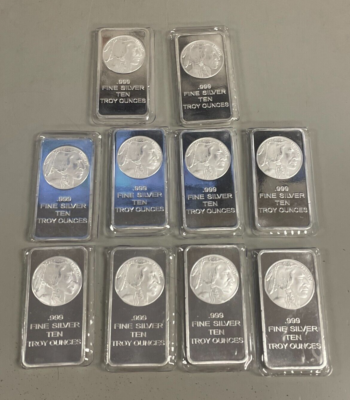 Lot of 10 Silver 10 oz. Silver Silvertowne Buffalo Bar .999