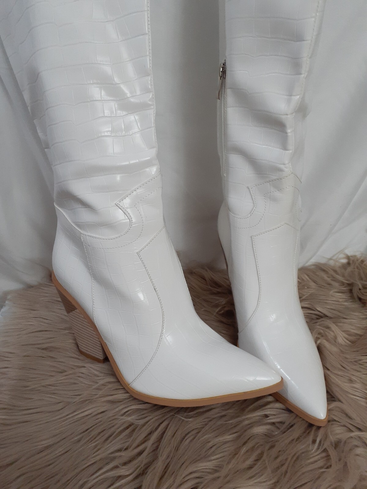 Womens Size 10 Knee High Vegan Ridind Boots High Heel Block Western Boots White