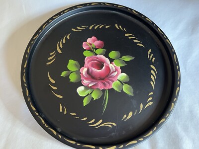 E. T. Nash Round Tole Painted Tray 11  W/ Muave Rose