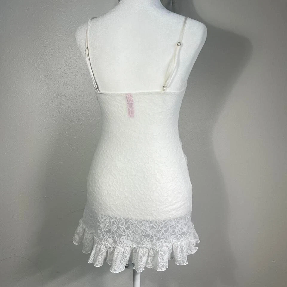 UNDERCOVER Victorias Secret Y2K "The Lacie" bianco pizzo slip lingerie mini abito orlo arricciato