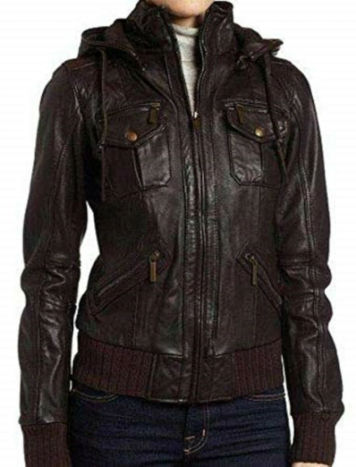 Women's 100% Real Lambskin Leather Detachable Hoodie Brown Stylish Biker Jacket