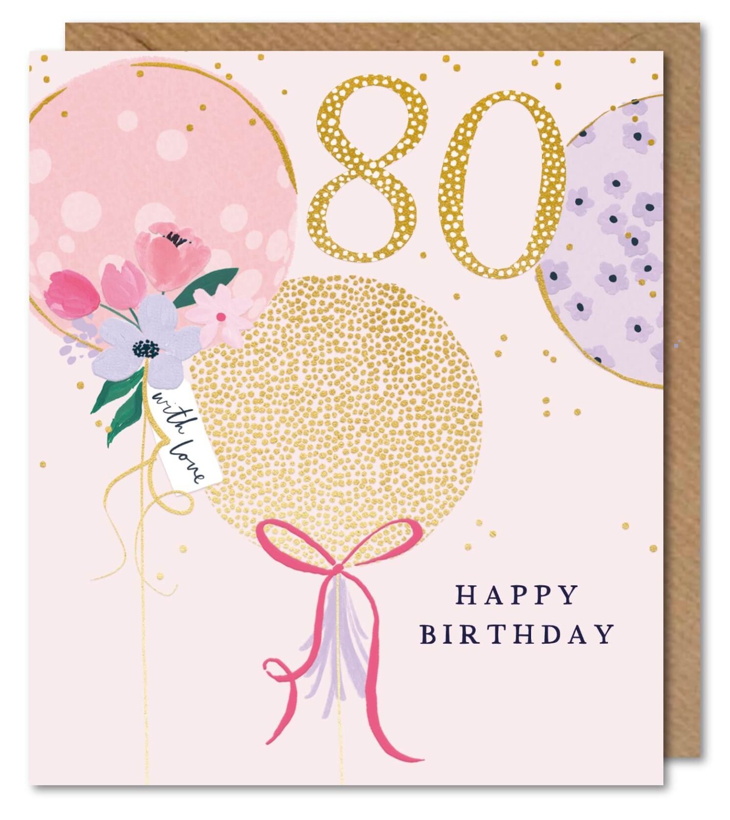 Happy 80th Birthday Card Balloons Pink Design - Pretty Gold Foil Greeting Card