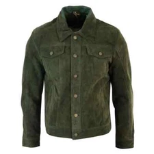 Men's Vintage Short Denim Style Real Suede Leather Jean Jacket Retro Olive Green
