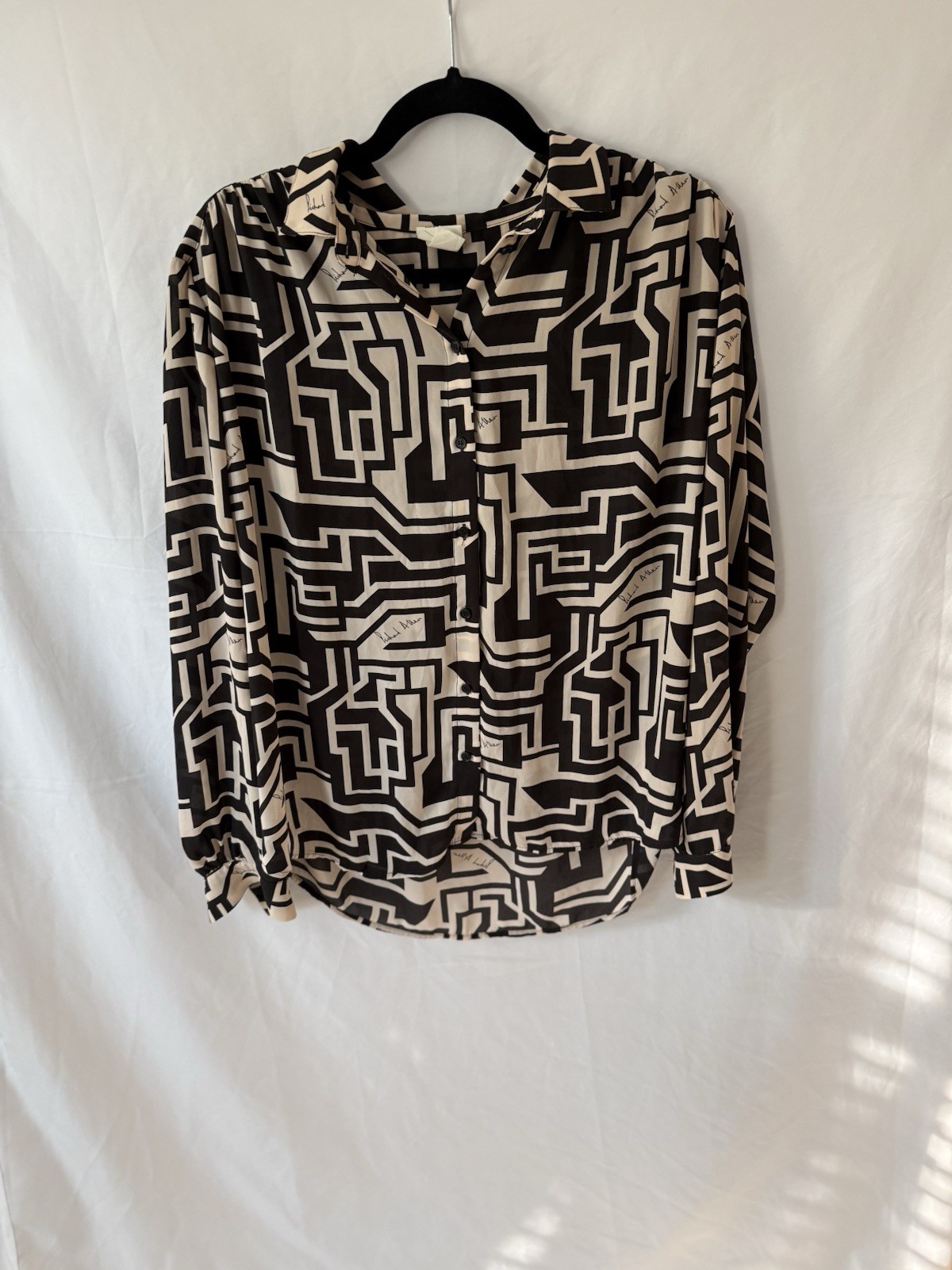 H&M Womens Black White Geometric Collared Button Front Long Sleeve Blouse 12