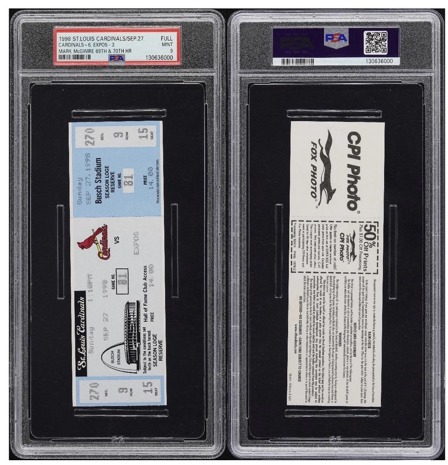 Mark McGwire 1998 69 y 70th Home Run Game Cardinals boleto completo PSA 9 Foto 3 de 3