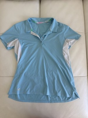 adidas Womens Blue/White Colorblock Lightweight Stretch Golf Polo Shirt Size L