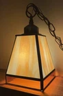 Vtg Tiffany MCM Slag Glass Brass Hanging Ceiling Light  4-sided 12" h EVC