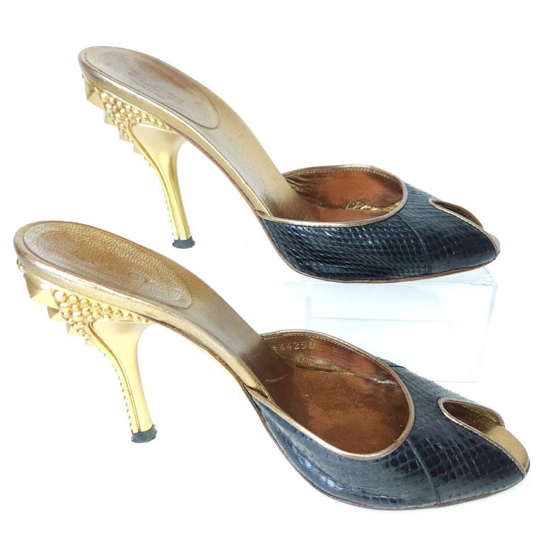 Rare GUCCI Python Embossed Mules Heels 35C Navy G… - image 9