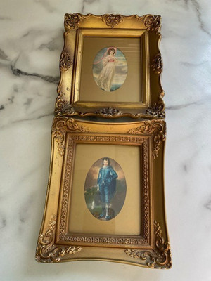 2 Vintage Blue Boy and Pinkie Prints Pictures Ornate Gold Matted Plastic Frames