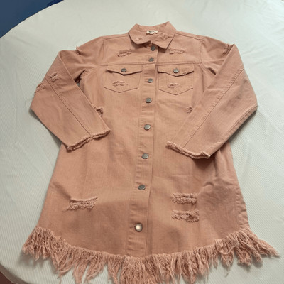 BiBi Pale Pink Destroyed Distressed Hippie Boho Chic Denim Jacket Size Small