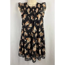 Black Floral Smocked Dress Womens Sz XS Cottagecore Lined Ruffle Trixxi