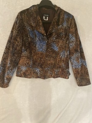 Nueva Women's Abstract Brown Blue Pattern Zip Collared Jacket Size 12