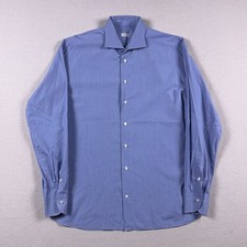 Borriello Napoli Shirt Mens 16.5 Blue Micro-Check Long Sleeve Made in Italy