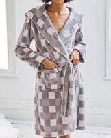 Chelsea Peers Womens Hooded Fleece Check Belted Robe Dressing Gown Grey Pink S