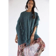New Anthropologie Marled Fringe Cable Knit Poncho $120 ONESIZE Turquoise