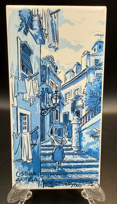 Lisboa Portugal Antiga Handpainted Ceramic Tile Signed Tino 7.75'' x 4'' - VTG