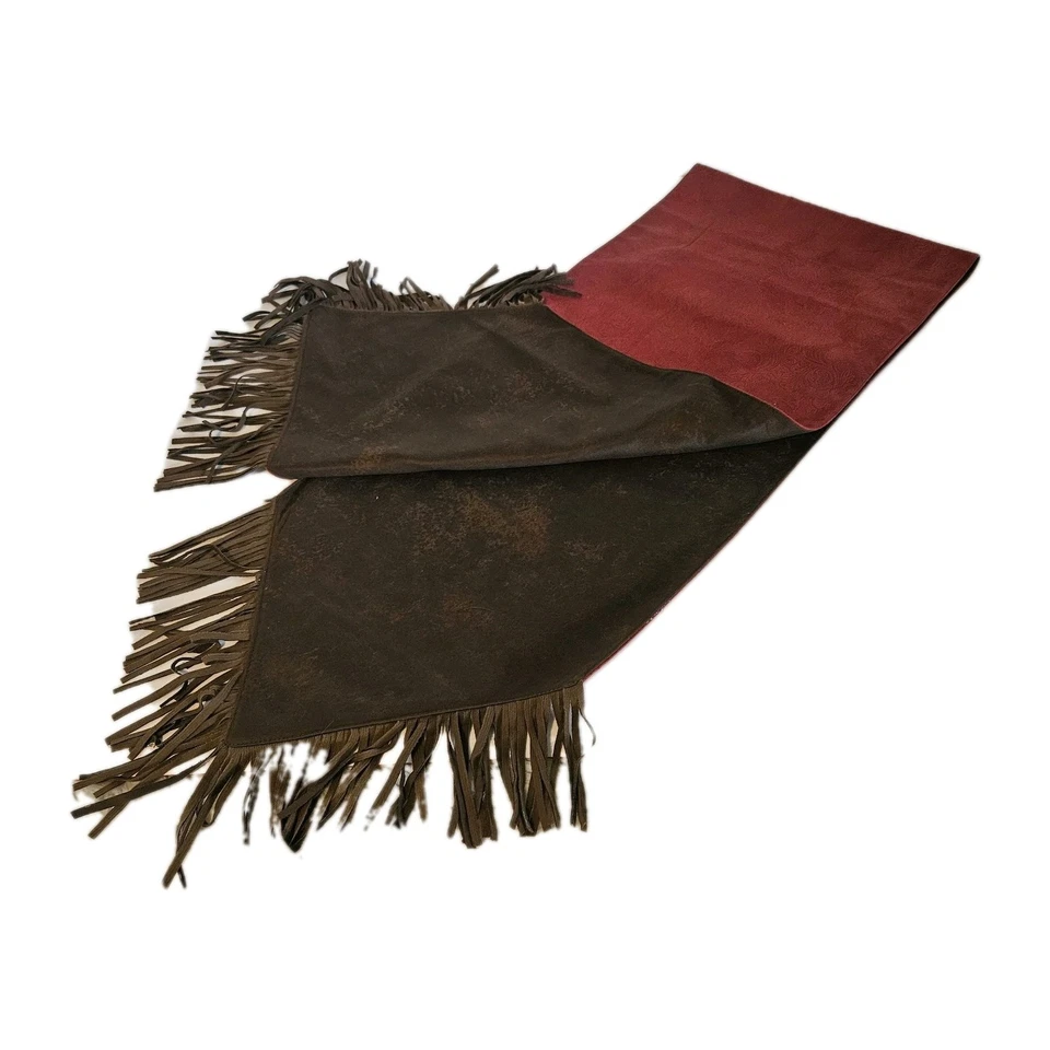VTG Western Faux Suede Table Runner Embossed Fringe Reversible Red Brown 78x14" - Image 3 of 4