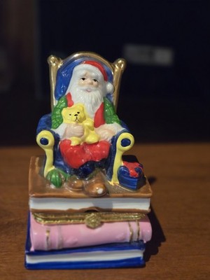 Santa with Bear on Stack of Books Hinged Trinket Box