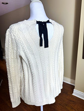 LOFT Women  s XS Ivory Solid Cable-Knit Crew Neck Pullover Sweater Bow Back
