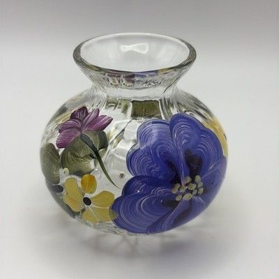 Mini Glass Vase Handpainted Pansy Purple Yellow & Green 2.25  Tall Very Cute