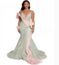 Mint Green Lace Mermaid Evening Dresses Deep V Spaghetti Strap Pink Chiffon Gown