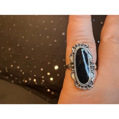 Black Statement Ring Size 6, Silver Tone Oval Stone Ring Gothic