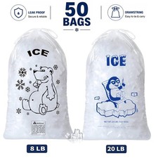 50 Count-Ice Bags With Drawstring, Clear, Puncture Resistant Heavy Duty